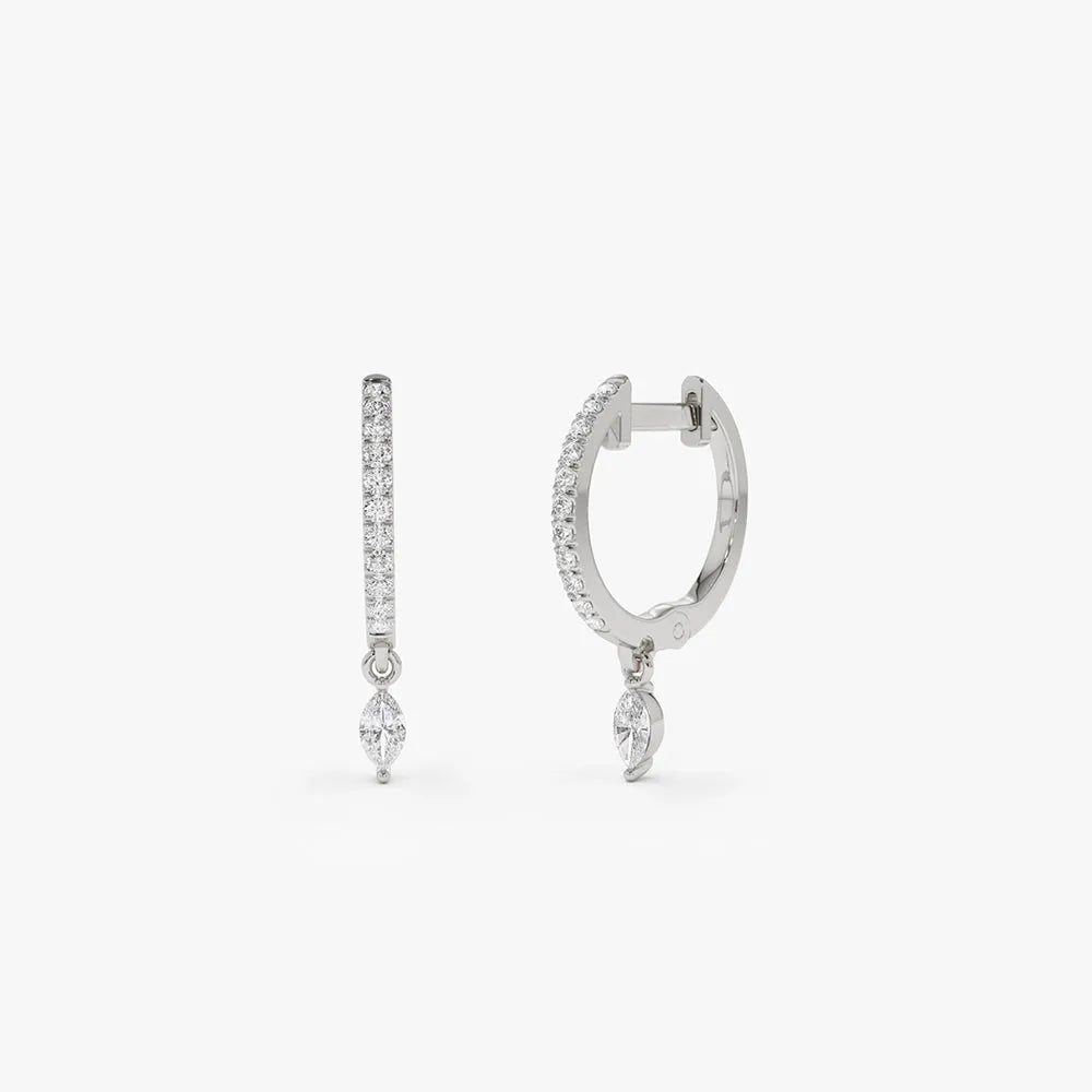 14k Gold Diamond Marquise and Round Cut Dangling Huggie Earrings Prong Micro Pave 0.28 ctw