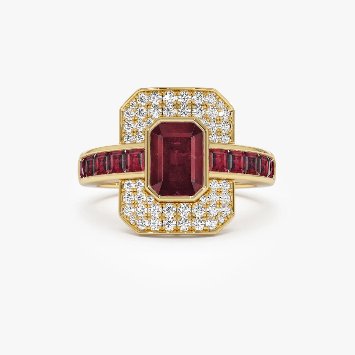 14k Gold Ruby and Diamond Emerald and Square Cut Art Deco Ring 2.80 ctw