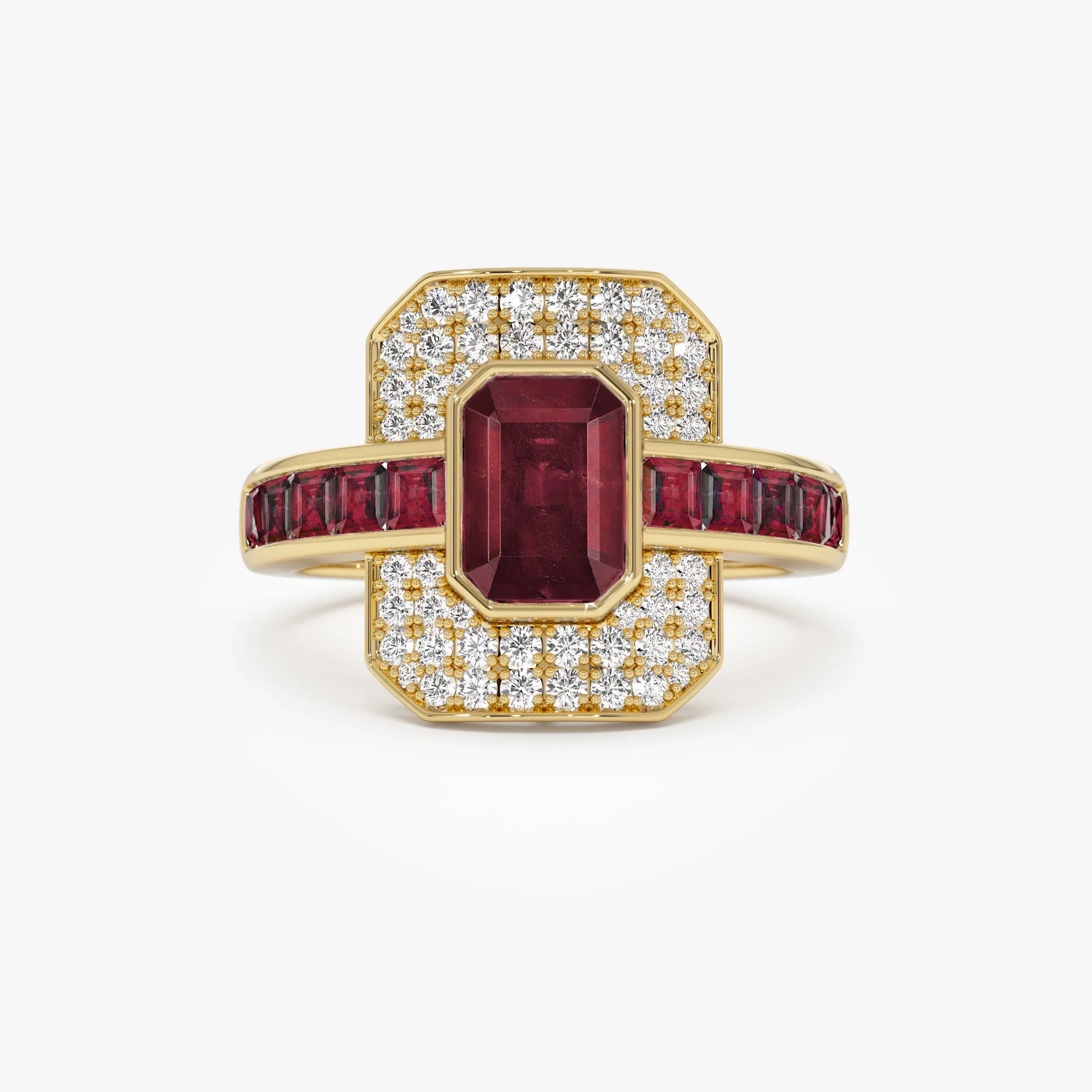 14k Gold Ruby and Diamond Emerald and Square Cut Art Deco Ring 2.80 ctw