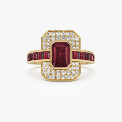 14k Gold Ruby and Diamond Emerald and Square Cut Art Deco Ring 2.80 ctw