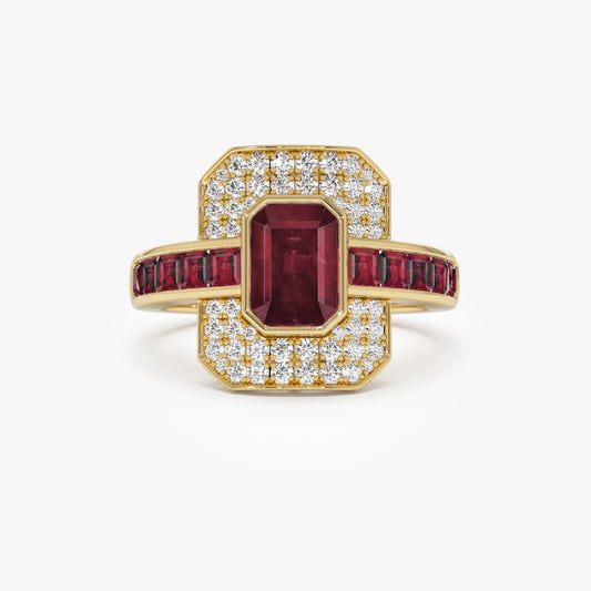 14k Gold Ruby and Diamond Emerald and Square Cut Art Deco Ring 2.80 ctw