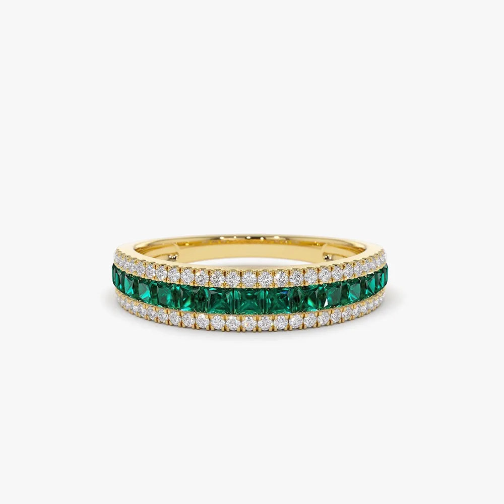 14K Gold Square Emerald and Round Diamond Half Eternity Band Ring 1.01 CTW