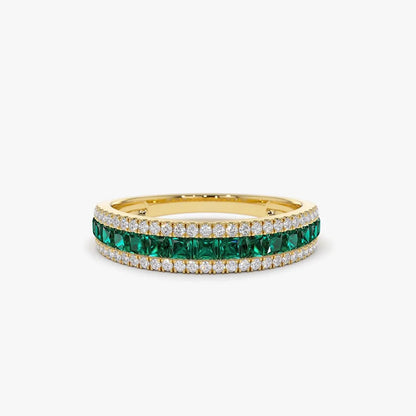 14K Gold Square Emerald and Round Diamond Half Eternity Band Ring 1.01 CTW