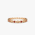 14k Gold Ruby and Diamond Round Cut Art Deco Geometric Wedding Band Bezel Setting 0.20 ctw