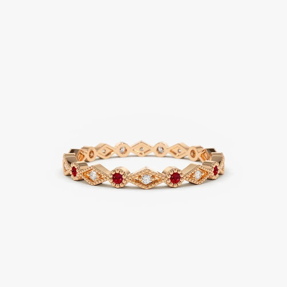 14k Gold Ruby and Diamond Round Cut Art Deco Geometric Wedding Band Bezel Setting 0.20 ctw