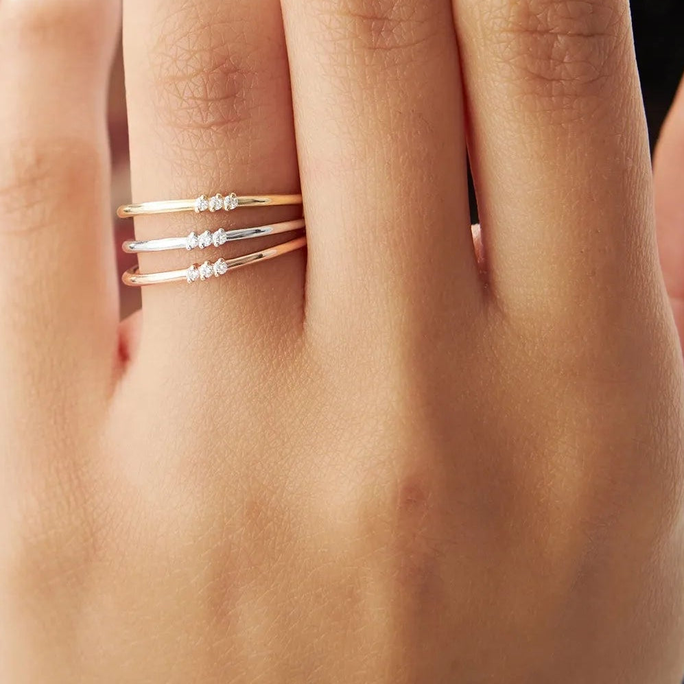 14K Gold Round Diamond 3 Stone Minimalist Ring 0.05 Ctw