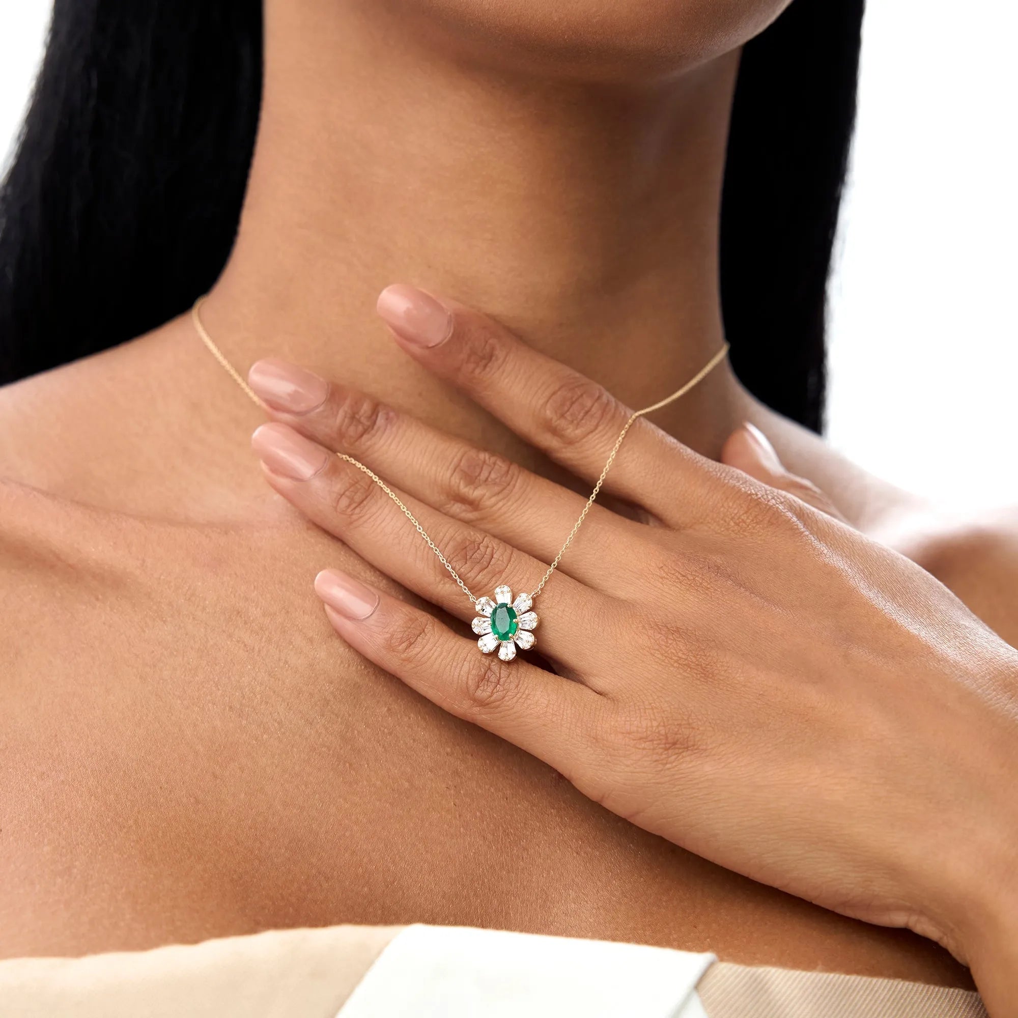 14k Solid Gold Oval Emerald and Baguette Round Diamond 0.65 CTW Necklace