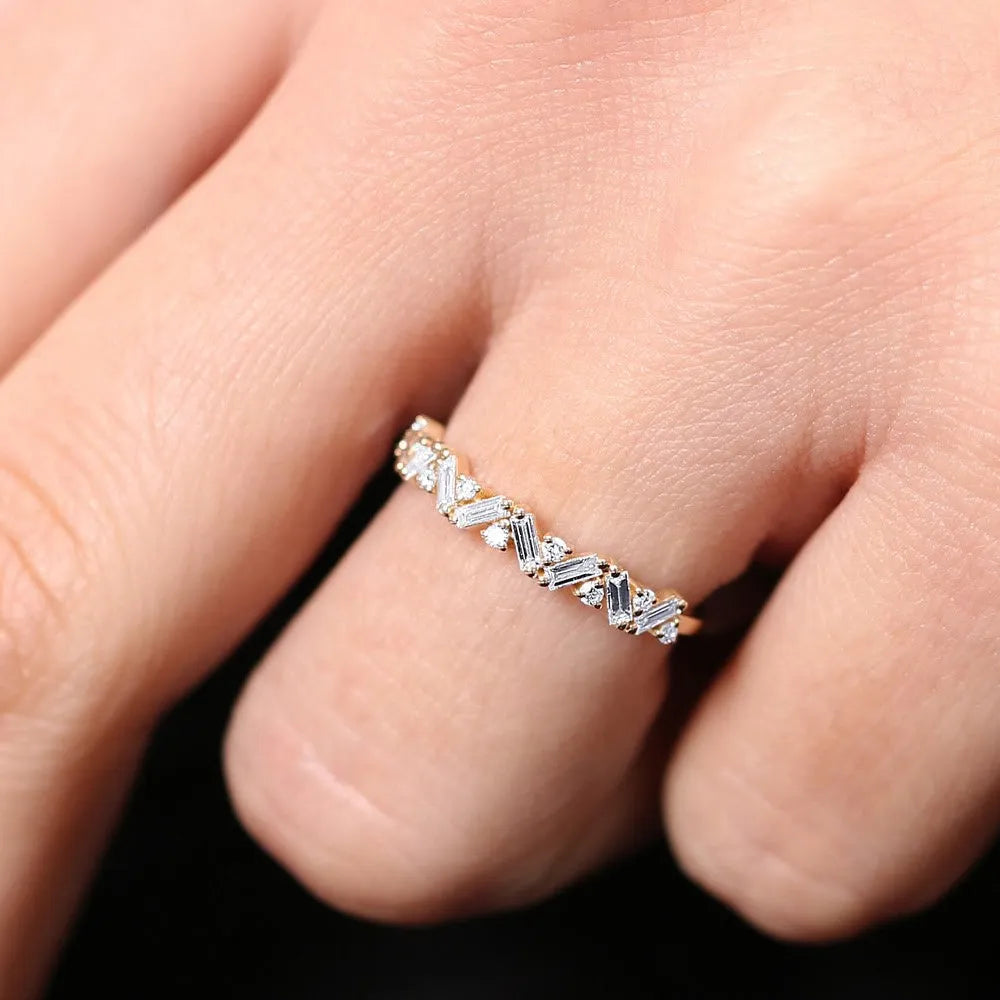 14K Gold 0.35 Carat Baguette and Round Diamond Slanted Prong Set Ring