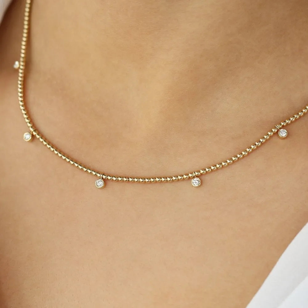 14K Solid Gold Round Diamond 5 Stone Dangling Bezel Set 2mm Bead Necklace 0.36ctw
