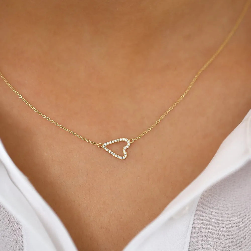 14K Solid Gold Round Diamond Micro Pave Sideways Heart Pendant Necklace 0.15ctw