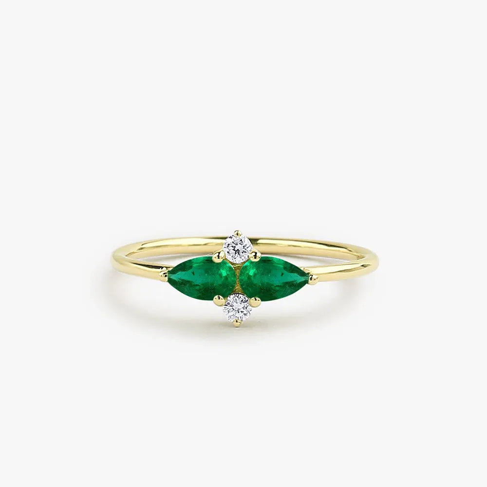 14K Solid Gold Pear Emerald and Round Diamond Cluster Ring 0.56 CTW Handcrafted Jewelry