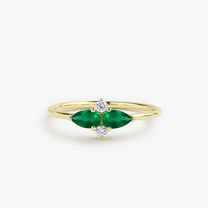 14K Solid Gold Pear Emerald and Round Diamond Cluster Ring 0.56 CTW Handcrafted Jewelry