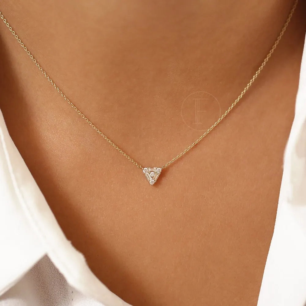 14K Solid Gold Round and Baguette Diamond Triangle Pendant Necklace 0.23ctw