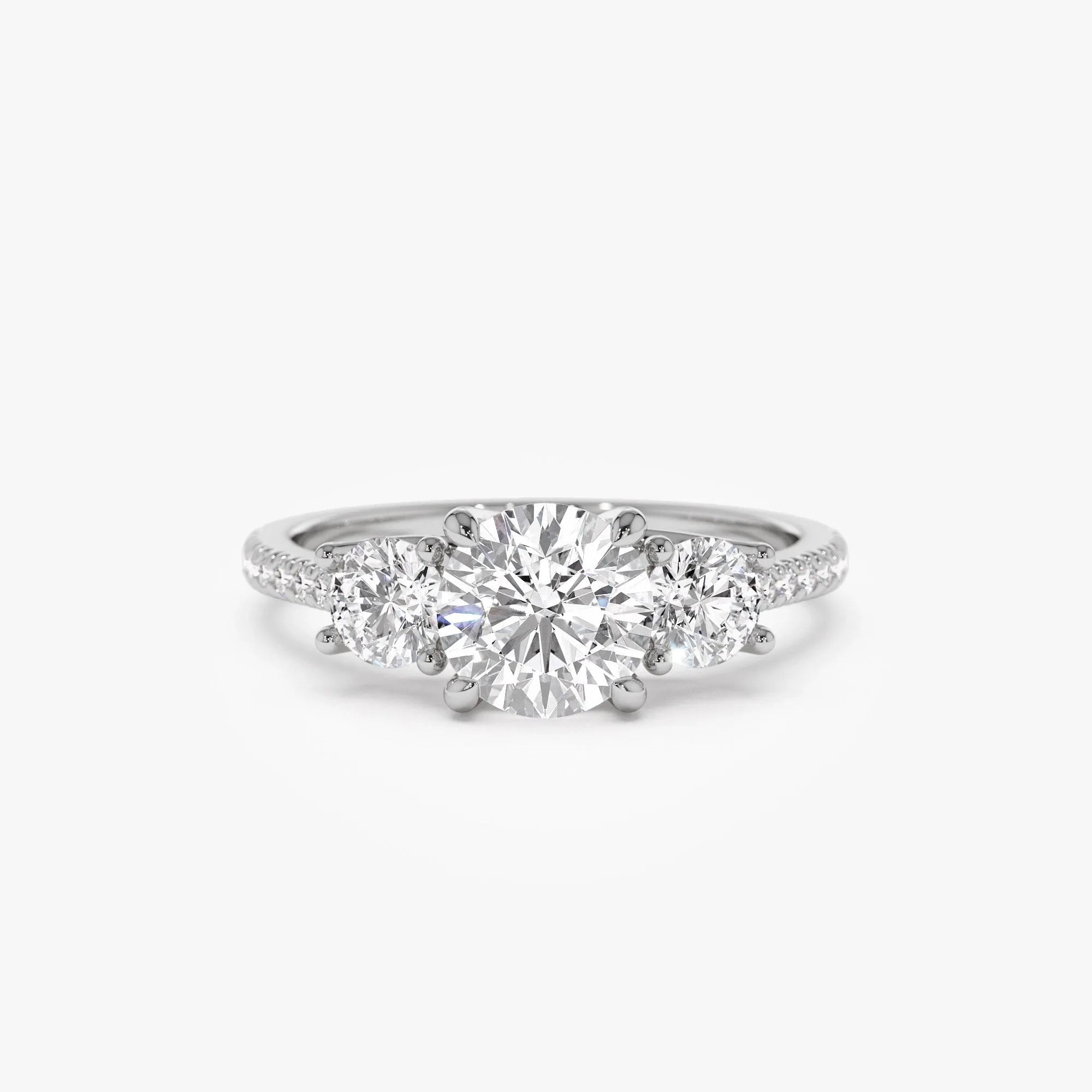 14k Gold Lab Grown Diamond Round Engagement Ring 1.65 CTW Three Stone Pave Shank