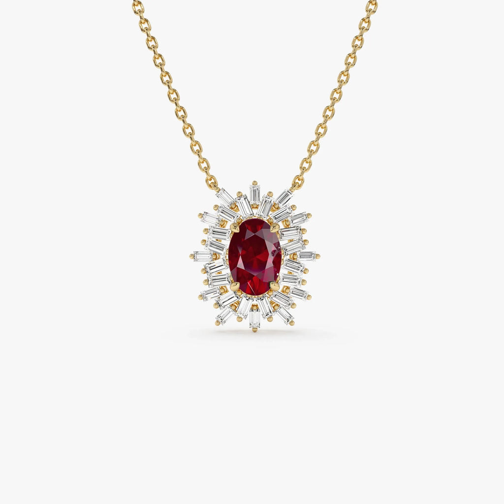 14k Solid Gold Ruby and Diamond Oval Baguette Ballerina Necklace 0.71 Carat Prong Setting