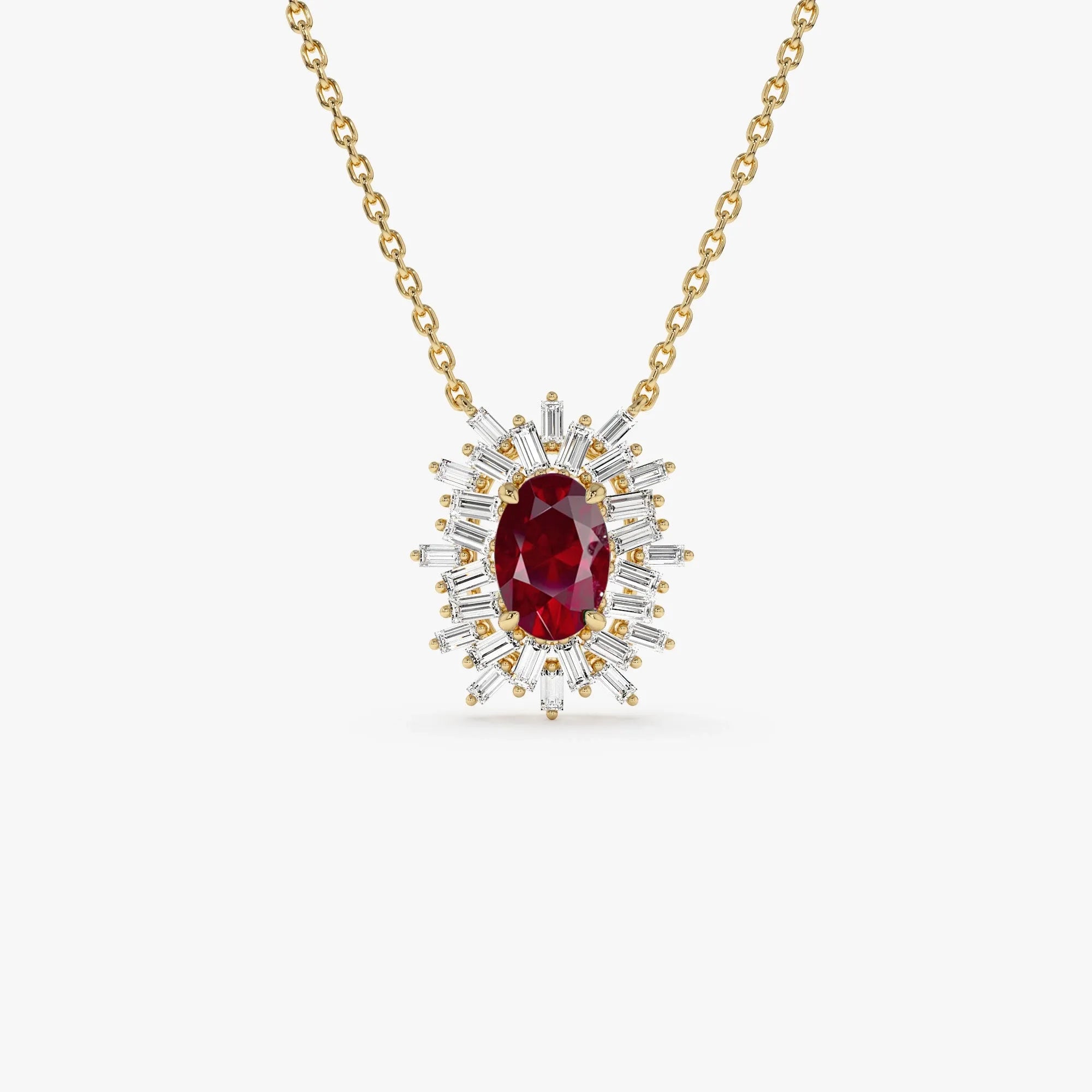14k Solid Gold Ruby and Diamond Oval Baguette Ballerina Necklace 0.71 Carat Prong Setting
