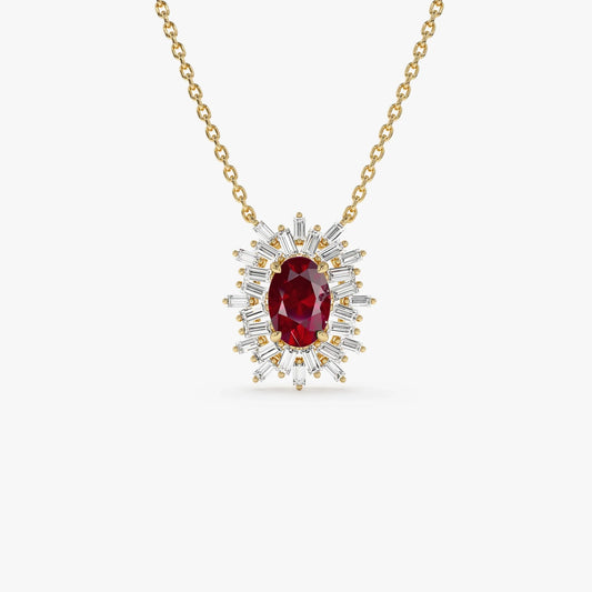 14k Solid Gold Ruby and Diamond Oval Baguette Ballerina Necklace 0.71 Carat Prong Setting