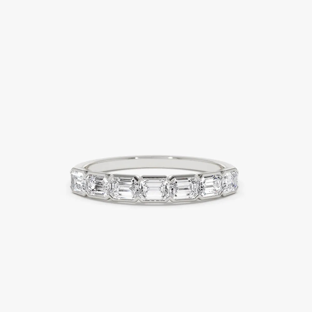 14k Gold Emerald Cut Diamond Half Bezel Wedding Band 0.75 ctw