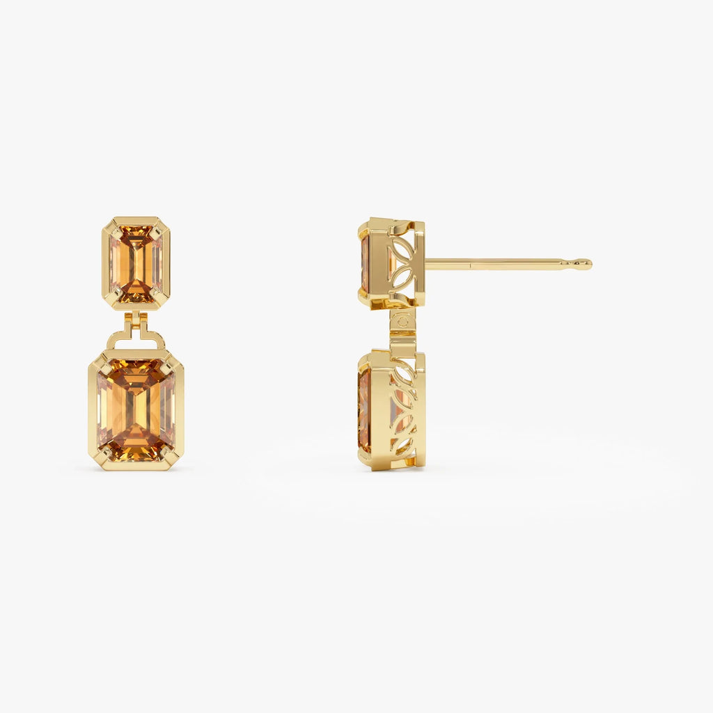 14K Solid Gold Octagon Cut Citrine Dangle Drop Earrings 4.0ctw