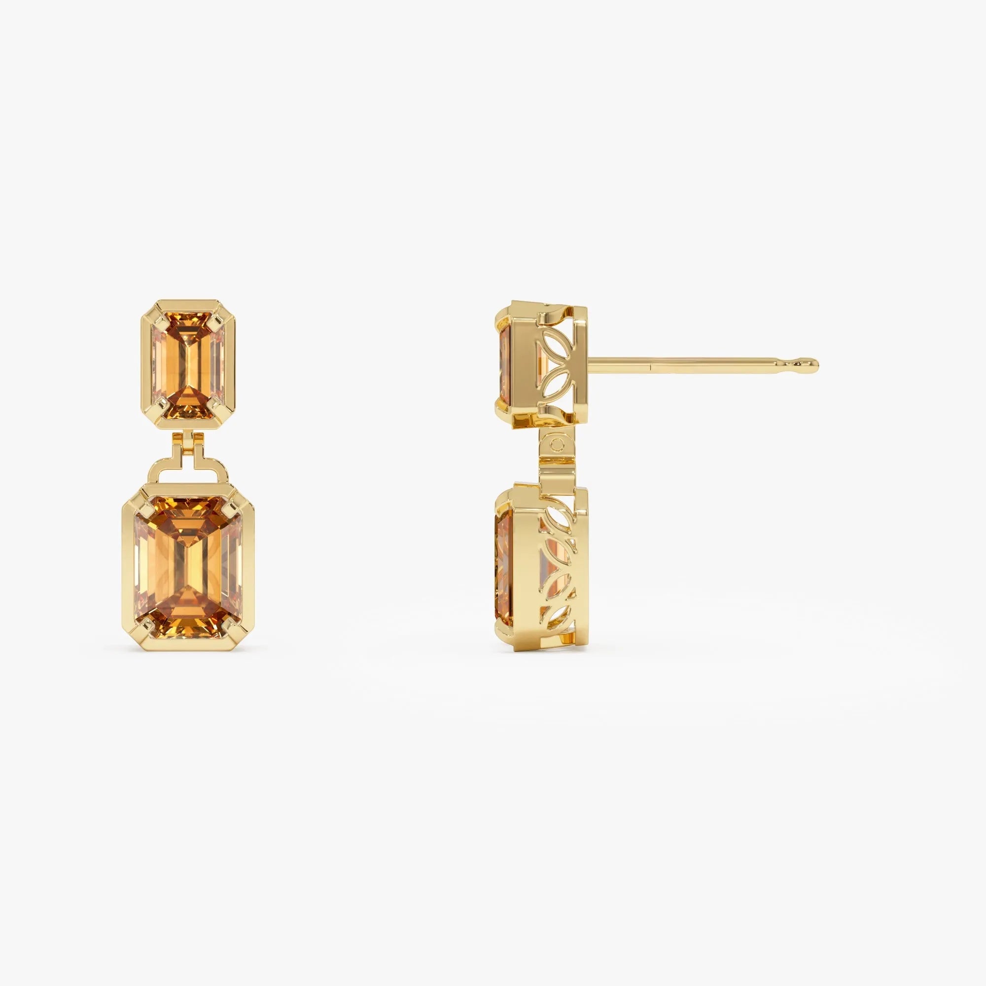 14K Solid Gold Octagon Cut Citrine Dangle Drop Earrings 4.0ctw