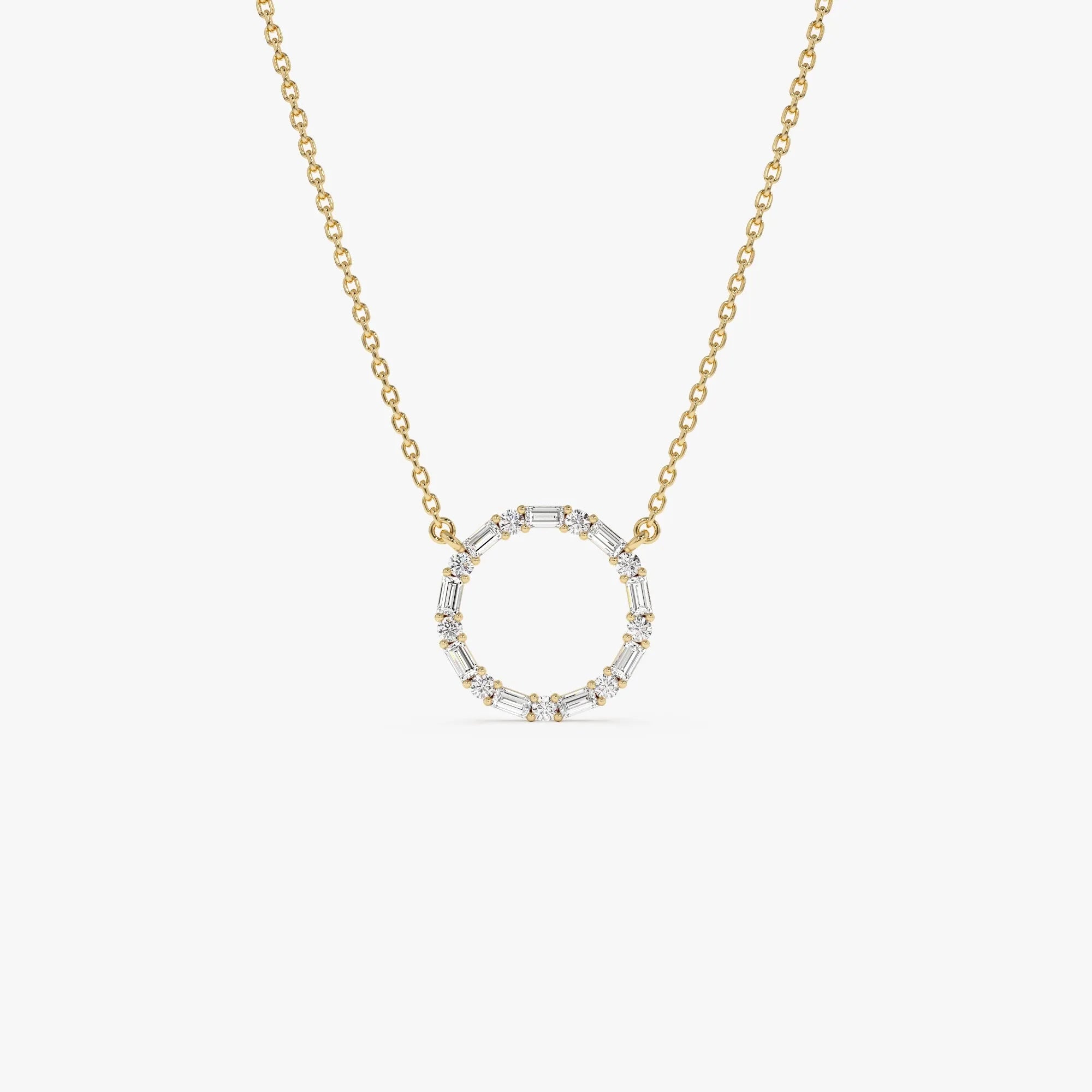14K Solid Gold 0.30 CTW Baguette and Round Diamond Circle Necklace