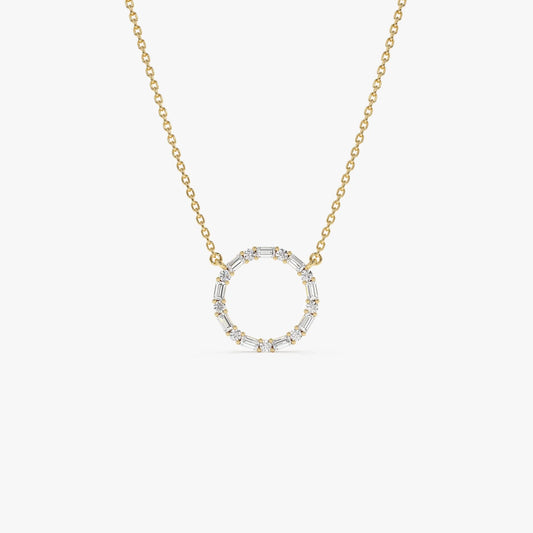 14K Solid Gold 0.30 CTW Baguette and Round Diamond Circle Necklace