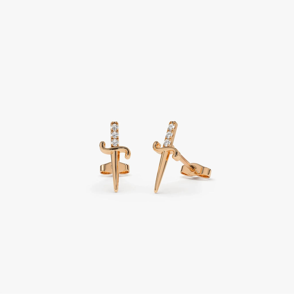 14k Gold Diamond Round Cut Mini Sword Earrings 0.06 ctw