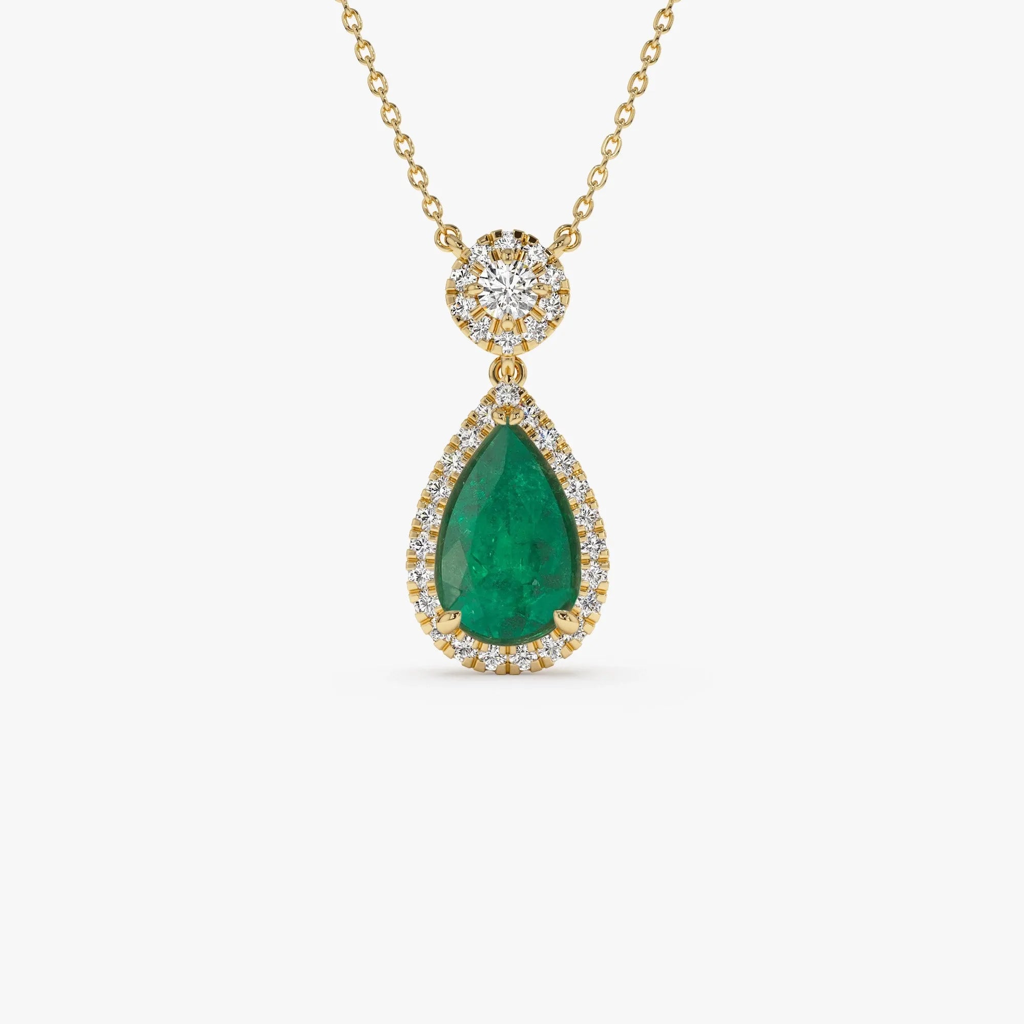 14k Solid Gold Pear Shape Emerald 2.00 CTW and Round Diamond 0.35 CTW Halo Pendant Necklace