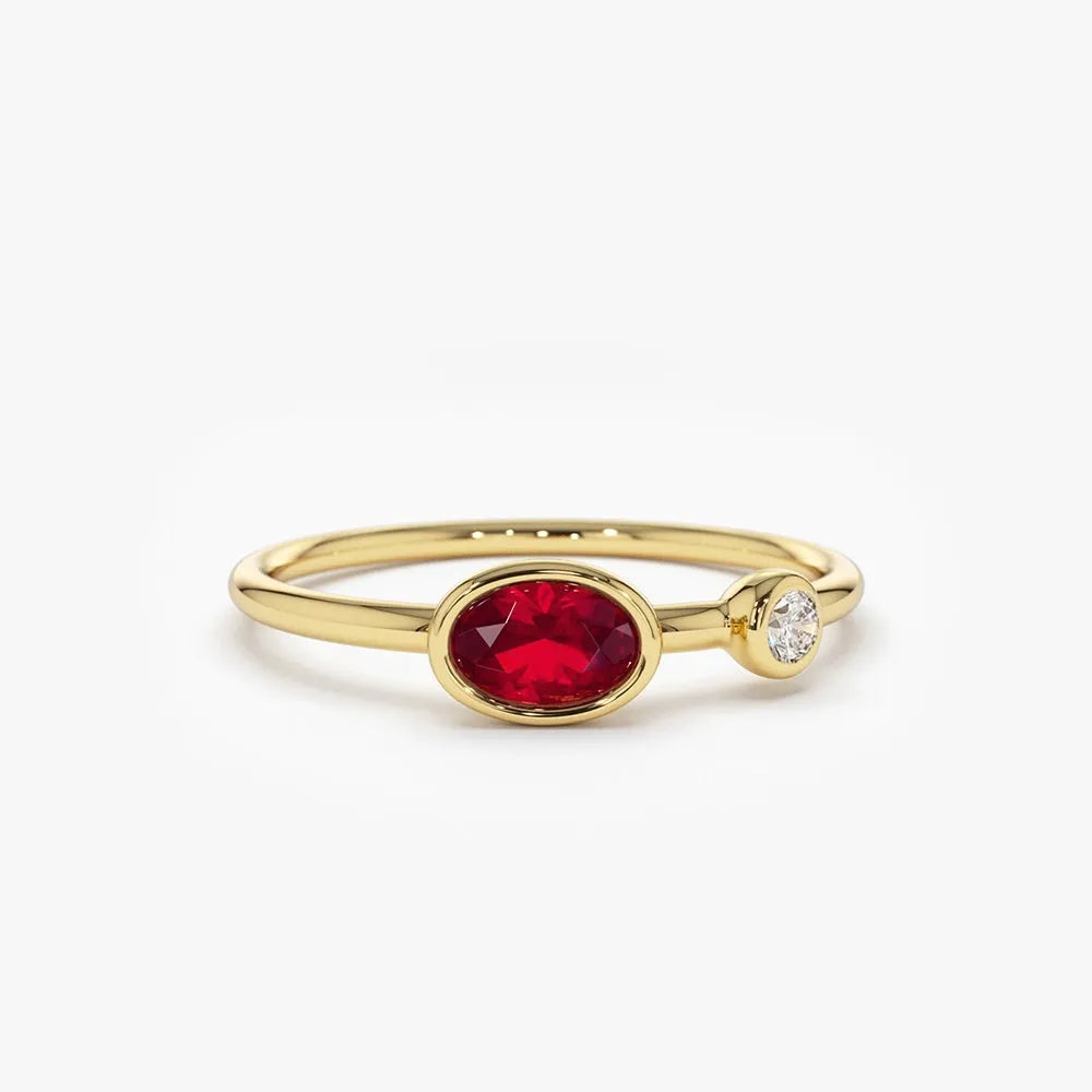 14k Gold Ruby and Diamond Oval and Round Cut Bezel Setting Ring 0.49 ctw