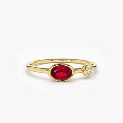 14k Gold Ruby and Diamond Oval and Round Cut Bezel Setting Ring 0.49 ctw