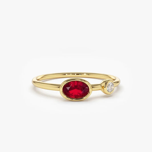 14k Gold Ruby and Diamond Oval and Round Cut Bezel Setting Ring 0.49 ctw