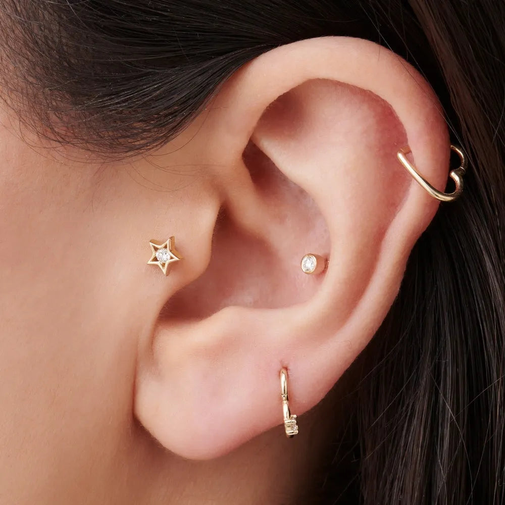 14k Gold Diamond Round Cut Bezel Setting Stud Piercing Single Earring 0.035 ctw