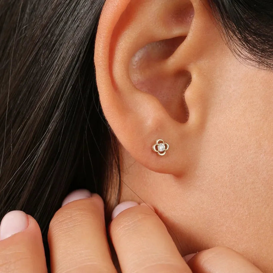14k Gold Diamond Round Cut Clover Stud Earrings 0.14 ctw