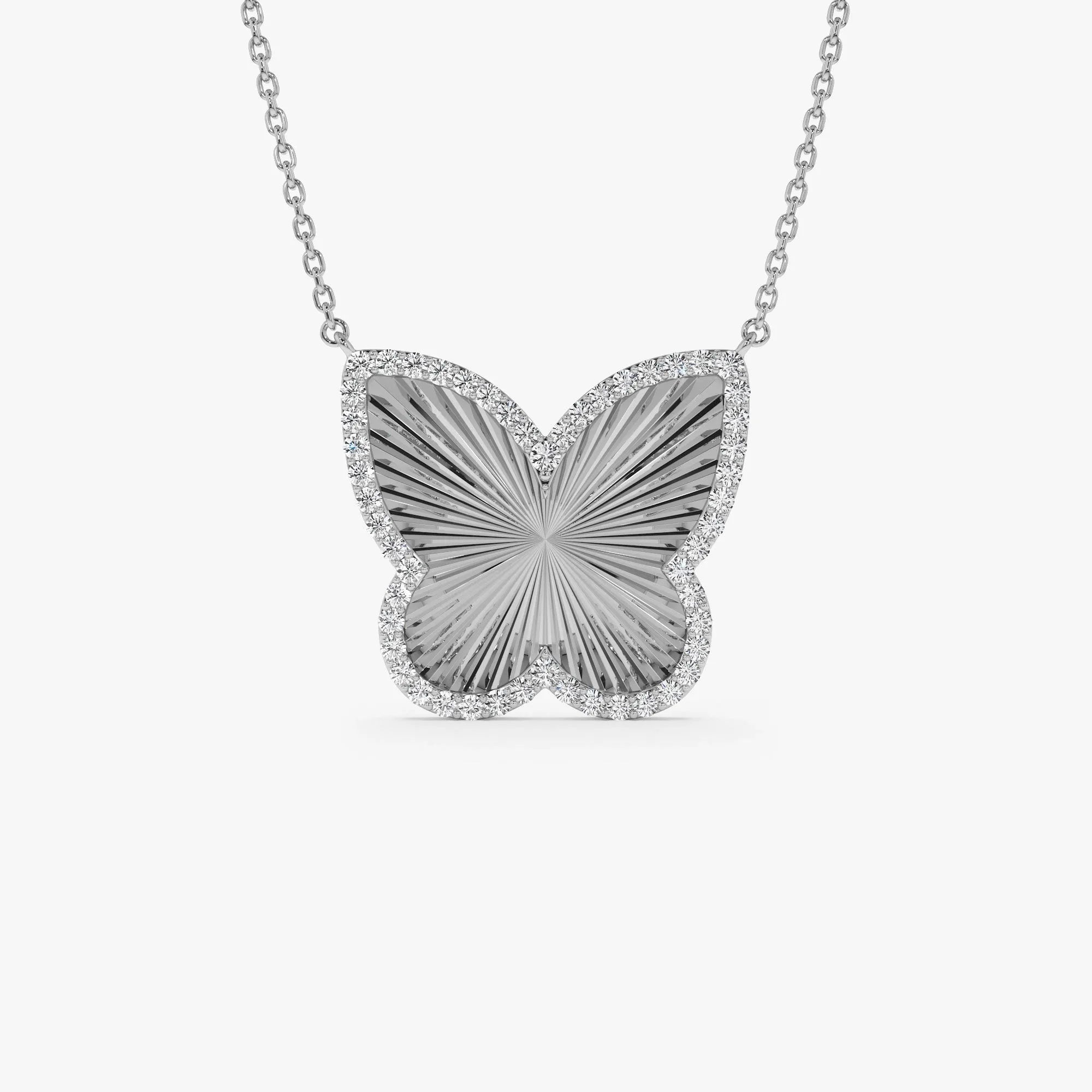 14K Solid Gold 0.30 CTW Round Diamond Textured Butterfly Charm Pendant Necklace