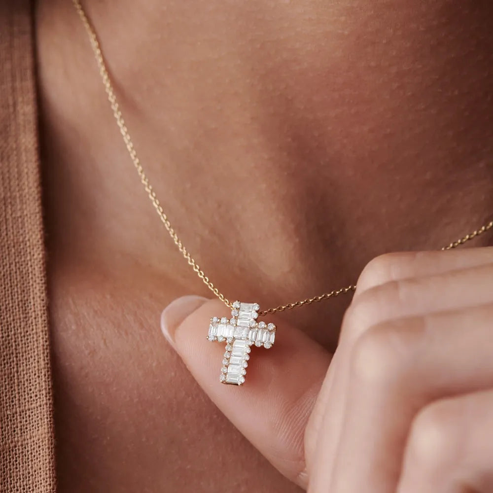 14K Solid Gold Baguette Round and Princess Cut Diamond Cross Pendant Necklace 0.65ctw