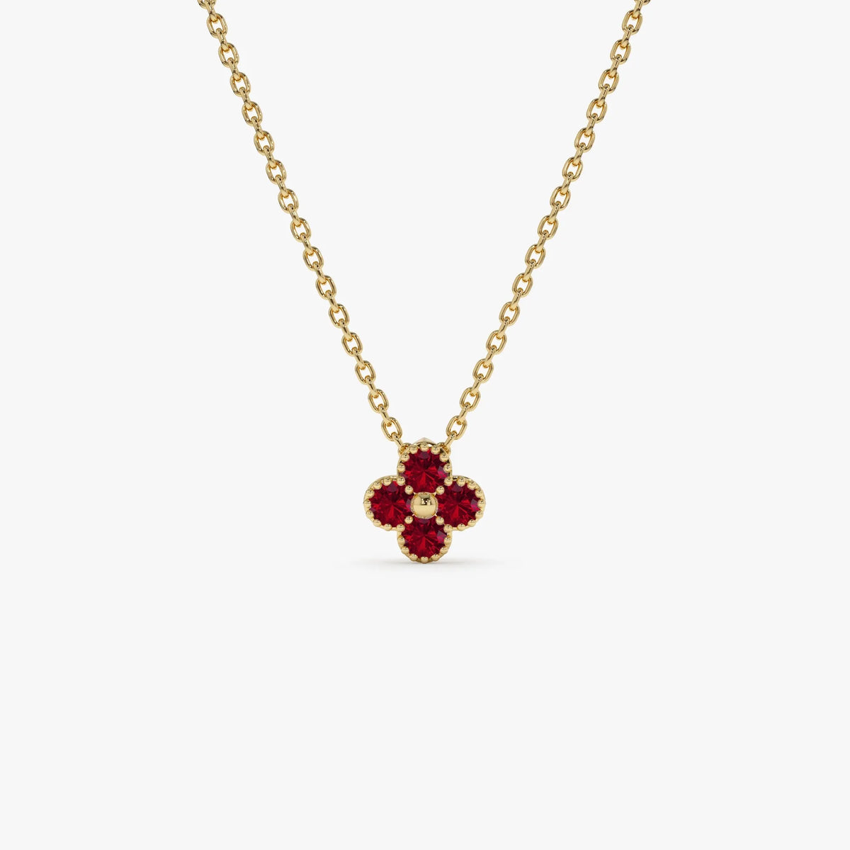 14k Solid Gold Round Ruby Clover Beaded Necklace 0.17 Carat Prong Setting