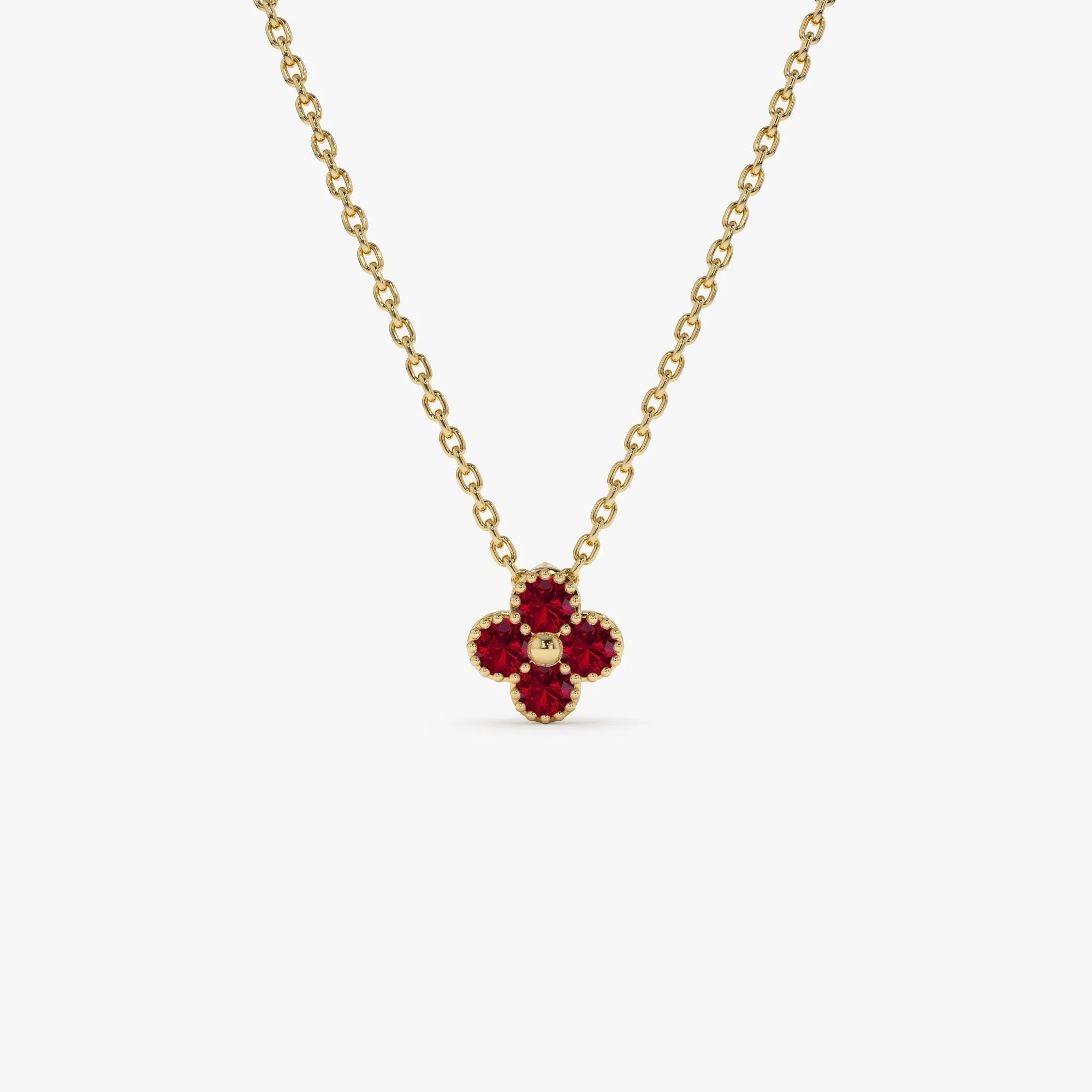 14k Solid Gold Round Ruby Clover Beaded Necklace 0.17 Carat Prong Setting