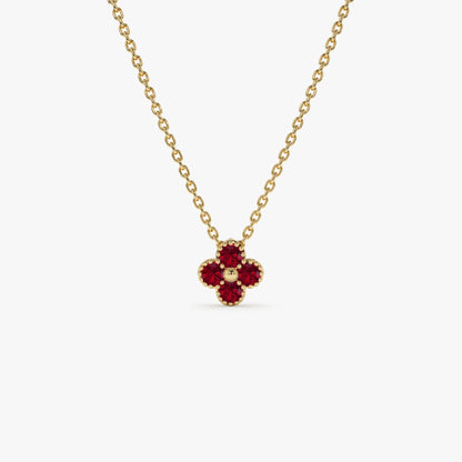 14k Solid Gold Round Ruby Clover Beaded Necklace 0.17 Carat Prong Setting