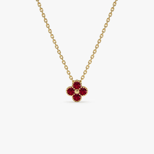 14k Solid Gold Round Ruby Clover Beaded Necklace 0.17 Carat Prong Setting