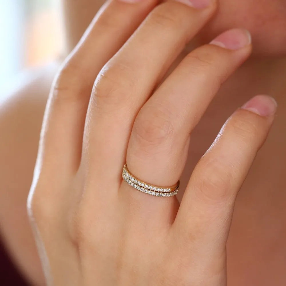 14K Gold Round Diamond Half Eternity Micro Pave Stackable Wedding Ring