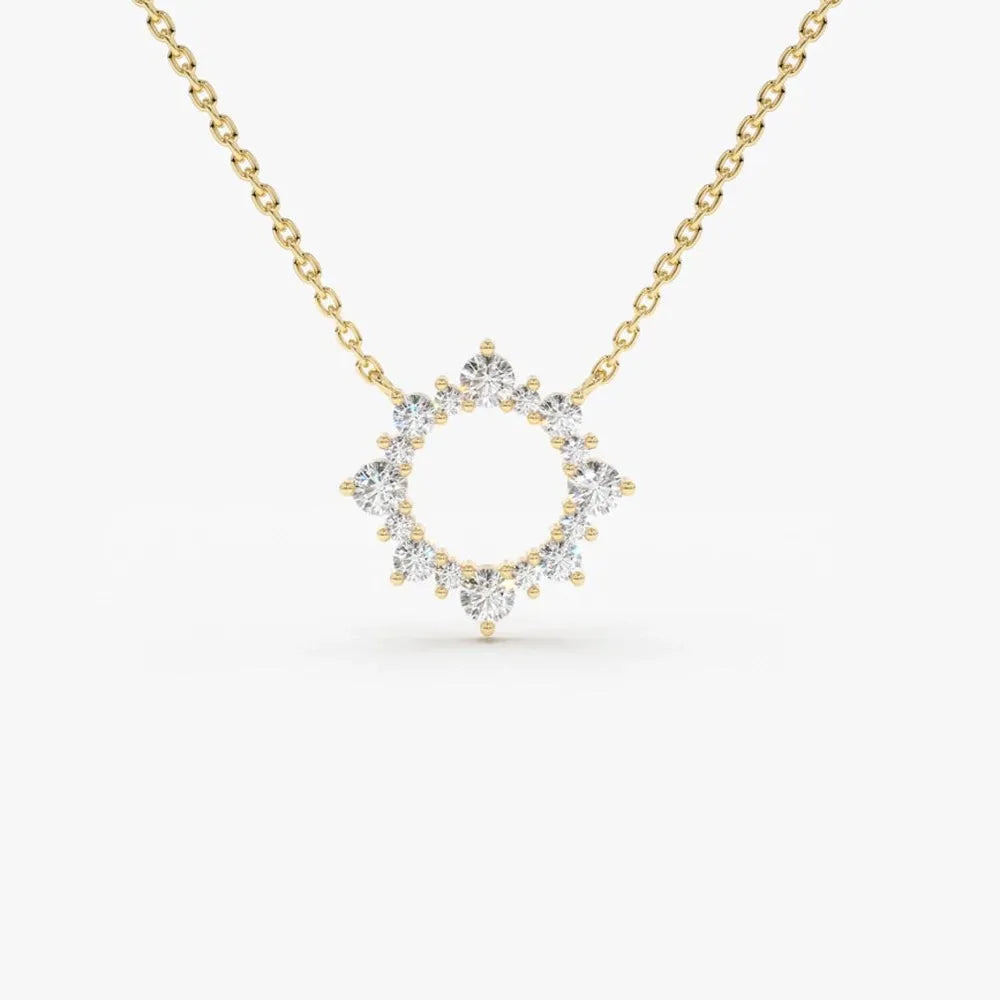 14K Solid Gold Round Diamond Sun Circle Pendant Necklace Prong Setting 0.43ctw