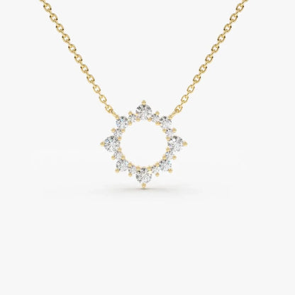 14K Solid Gold Round Diamond Sun Circle Pendant Necklace Prong Setting 0.43ctw