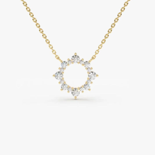 14K Solid Gold Round Diamond Sun Circle Pendant Necklace Prong Setting 0.43ctw