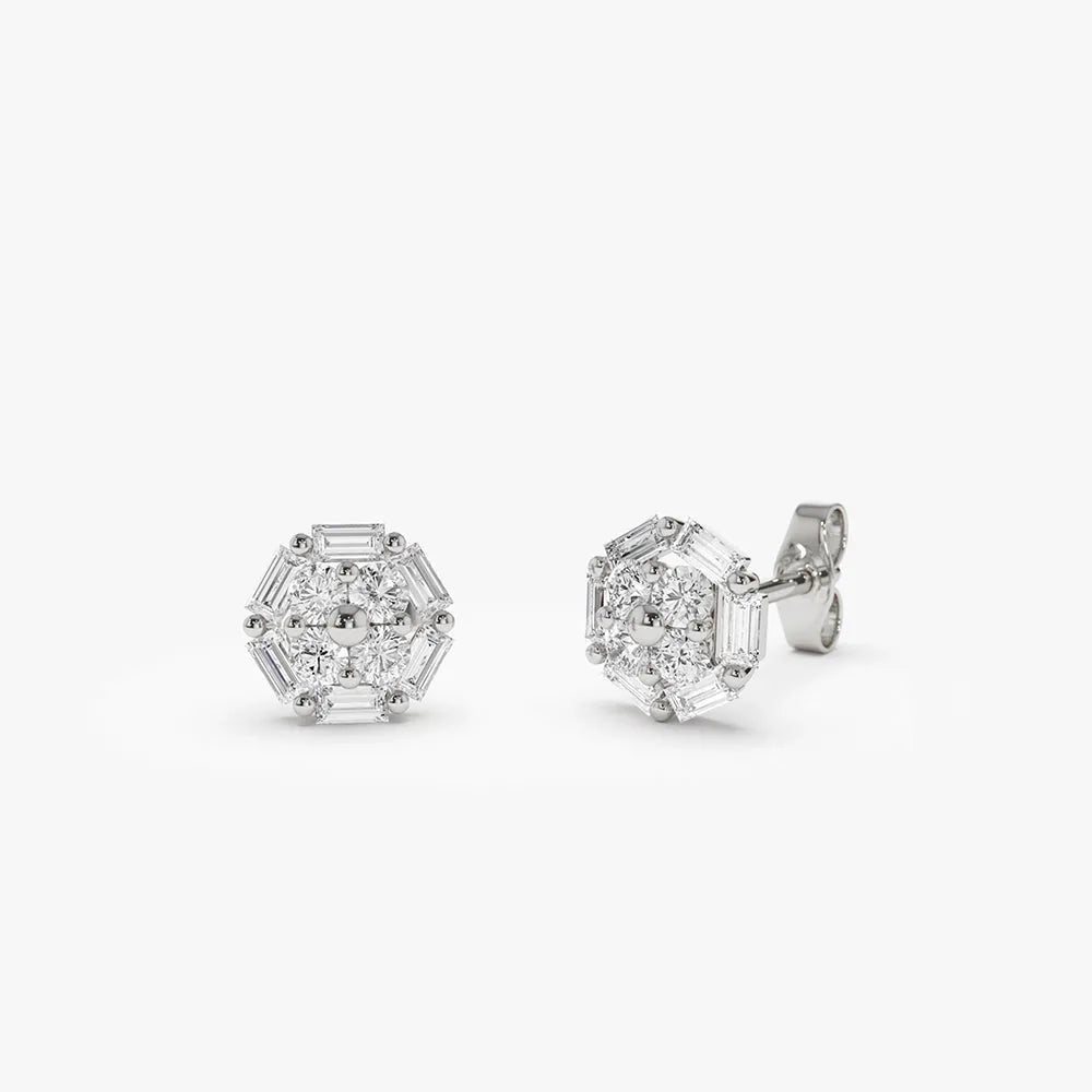 14k Gold Diamond Baguette and Round Cut Cluster Stud Earrings Prong Setting 0.55 ctw