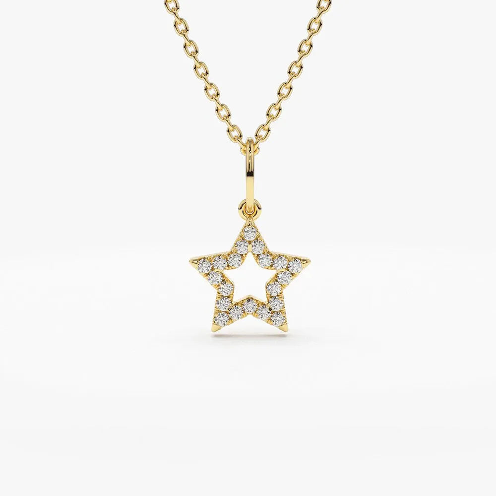 14K Solid Gold Round Diamond Star Charm Pendant Layering Necklace 0.14ctw