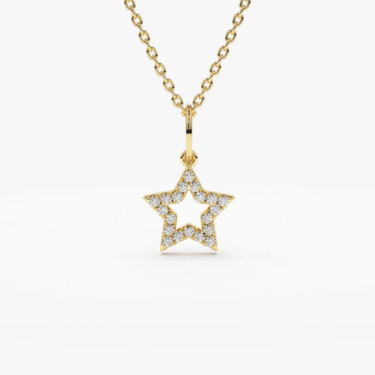 14K Solid Gold Round Diamond Star Charm Pendant Layering Necklace 0.14ctw