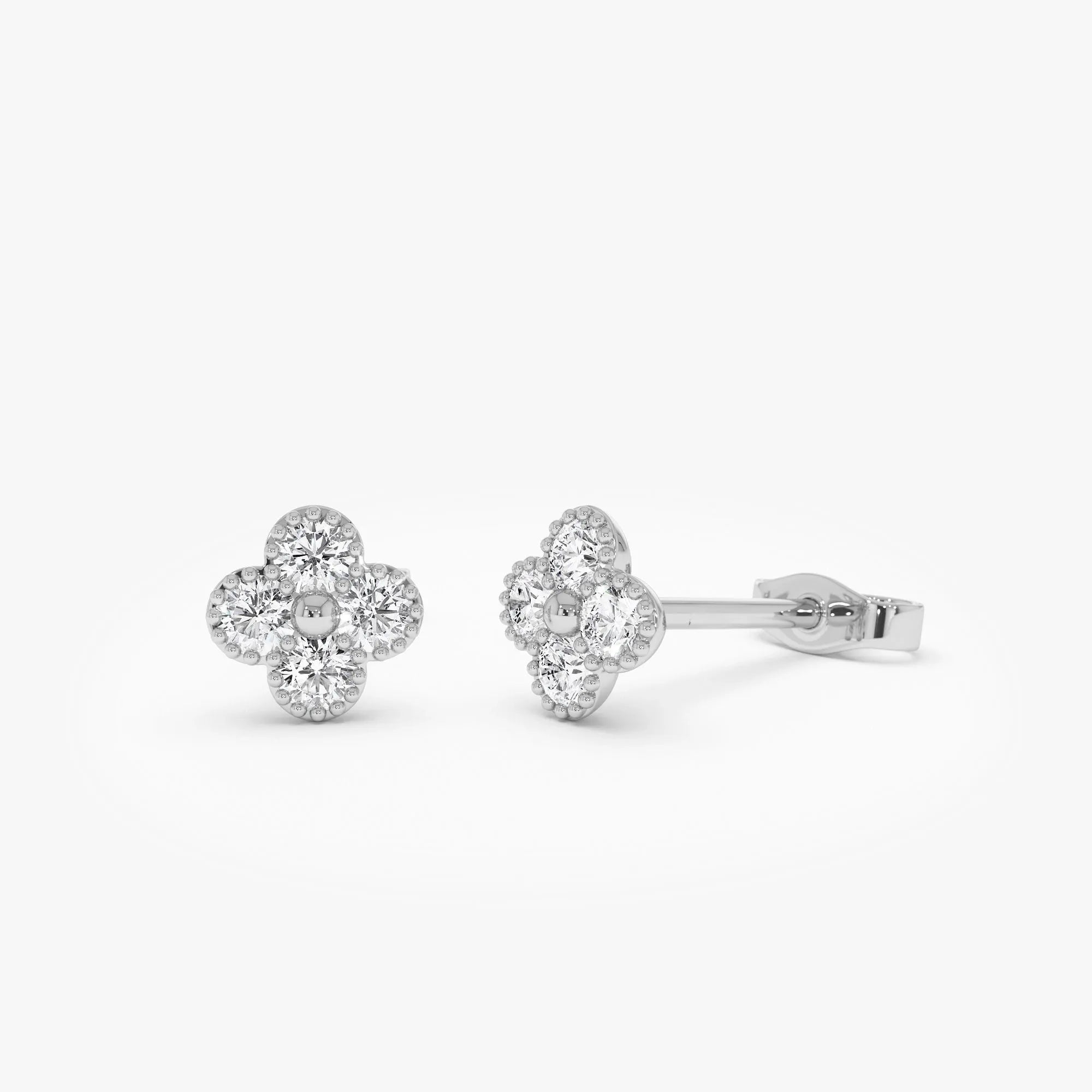 14k Gold Diamond Round Cut Clover Beaded Stud Earrings 0.28 ctw