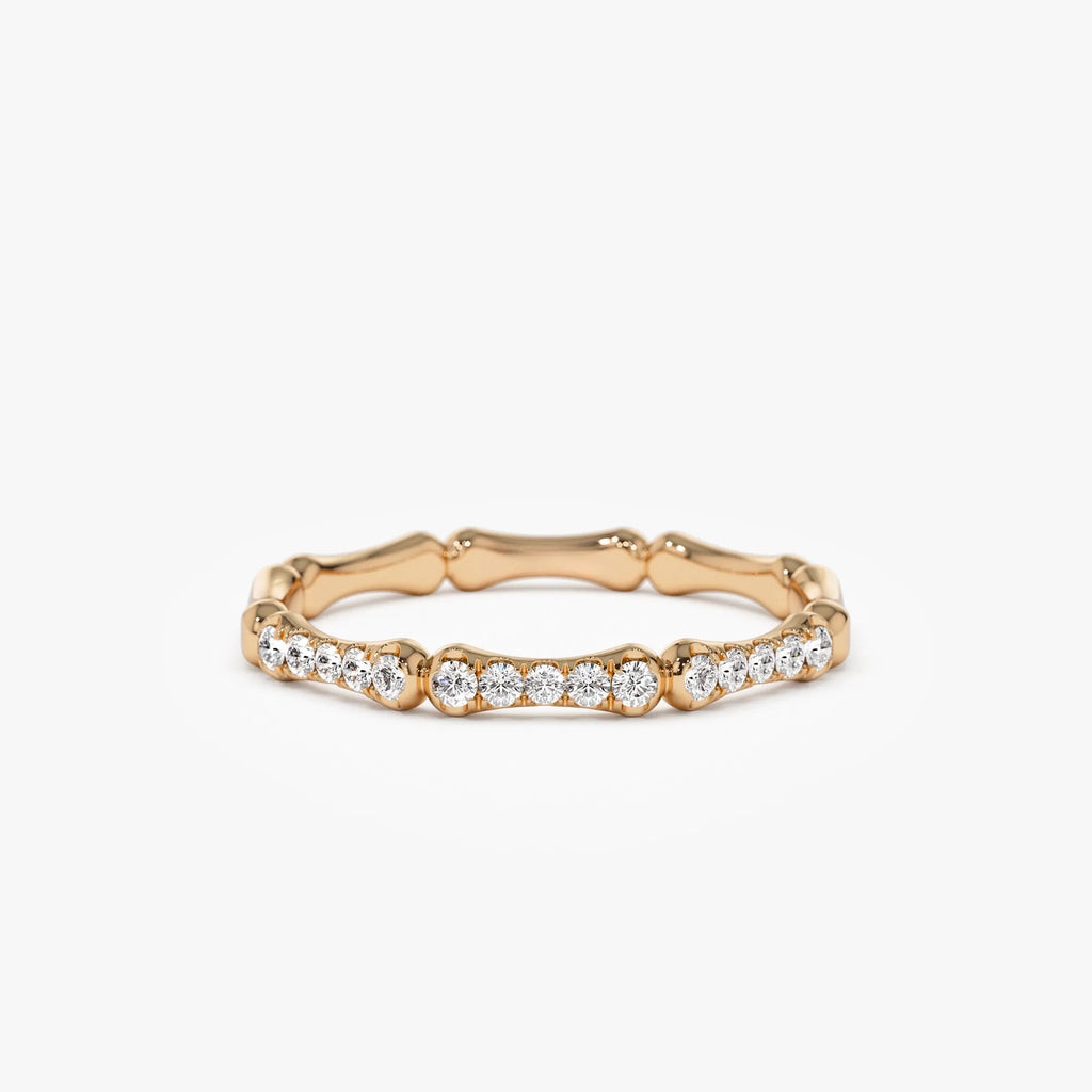 14k Gold Round Diamond Bamboo Pave Ring 0.15 ctw 2mm Band