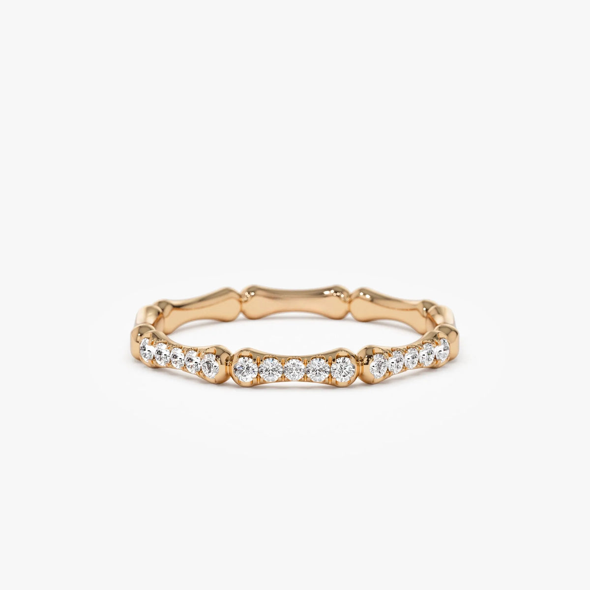 14k Gold Round Diamond Bamboo Pave Ring 0.15 ctw 2mm Band