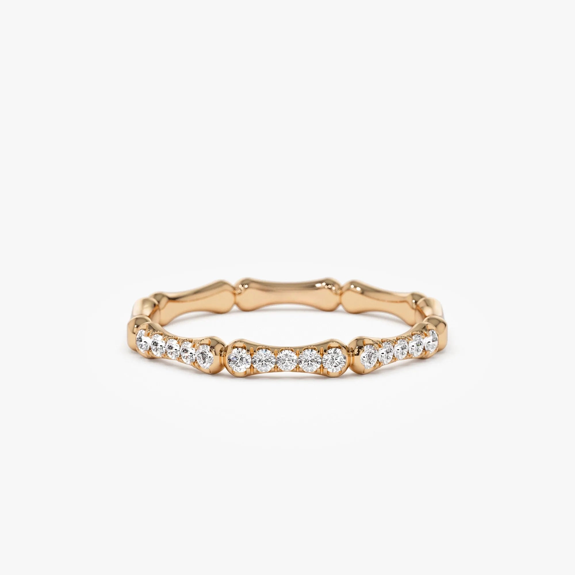 14k Gold Round Diamond Bamboo Pave Ring 0.15 ctw 2mm Band